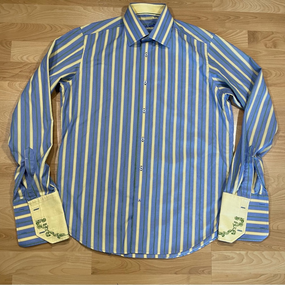 Robert Graham Shirt Mens Sz M 39 15.5 Blue Yellow Green Stripes Flip Cuff Button